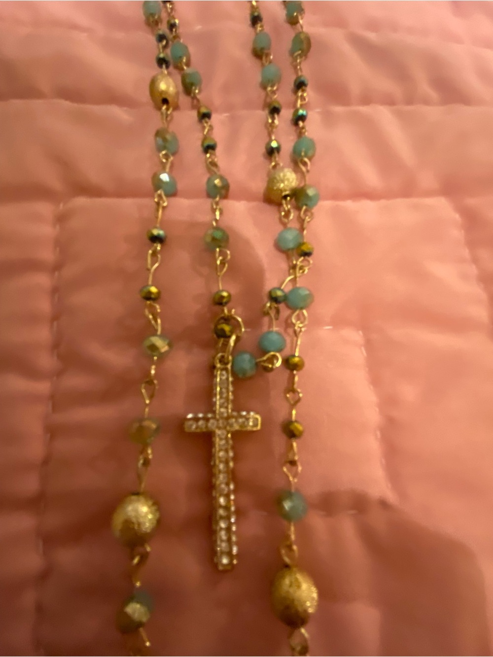 Gold Cross Pendant Necklace with Turquoise Beads - Designer Style